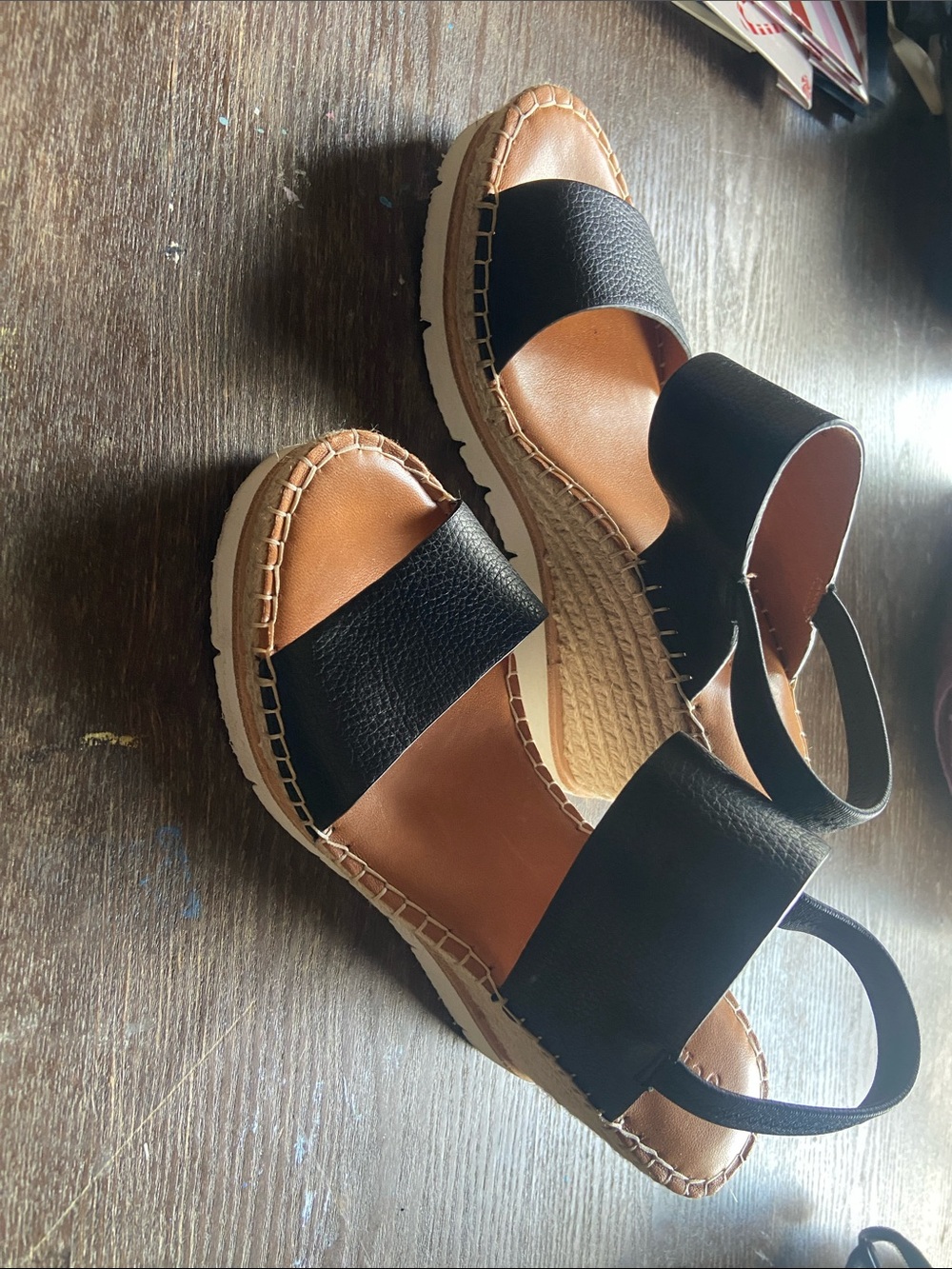 gentle souls Black Leather Wedge Sandals with Tan Footbed - Picture 3 of 9